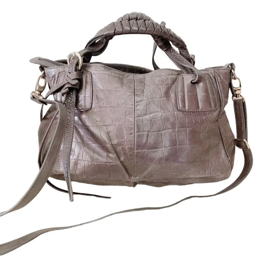 Luana Embossed Calf Leather Bag, Charcoal Grey